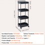 VEVOR 4-Tier Rolling Utility Cart, Kitchen Cart with Lockable Wheels, Multi-Functional Storage Trolley with Handle for Office, Living Room, Kitchen, Movable Storage Basket Organizer Shelves, Black
