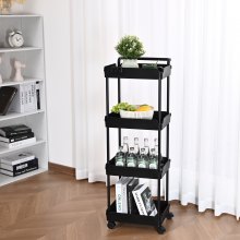 VEVOR Cărucior utilitar rulant pe 4 niveluri, cărucior de bucătărie cu roți care se blochează, cărucior de depozitare multifuncțional cu mâner pentru birou, sufragerie, bucătărie, rafturi mobile pentru coș de depozitare, negru