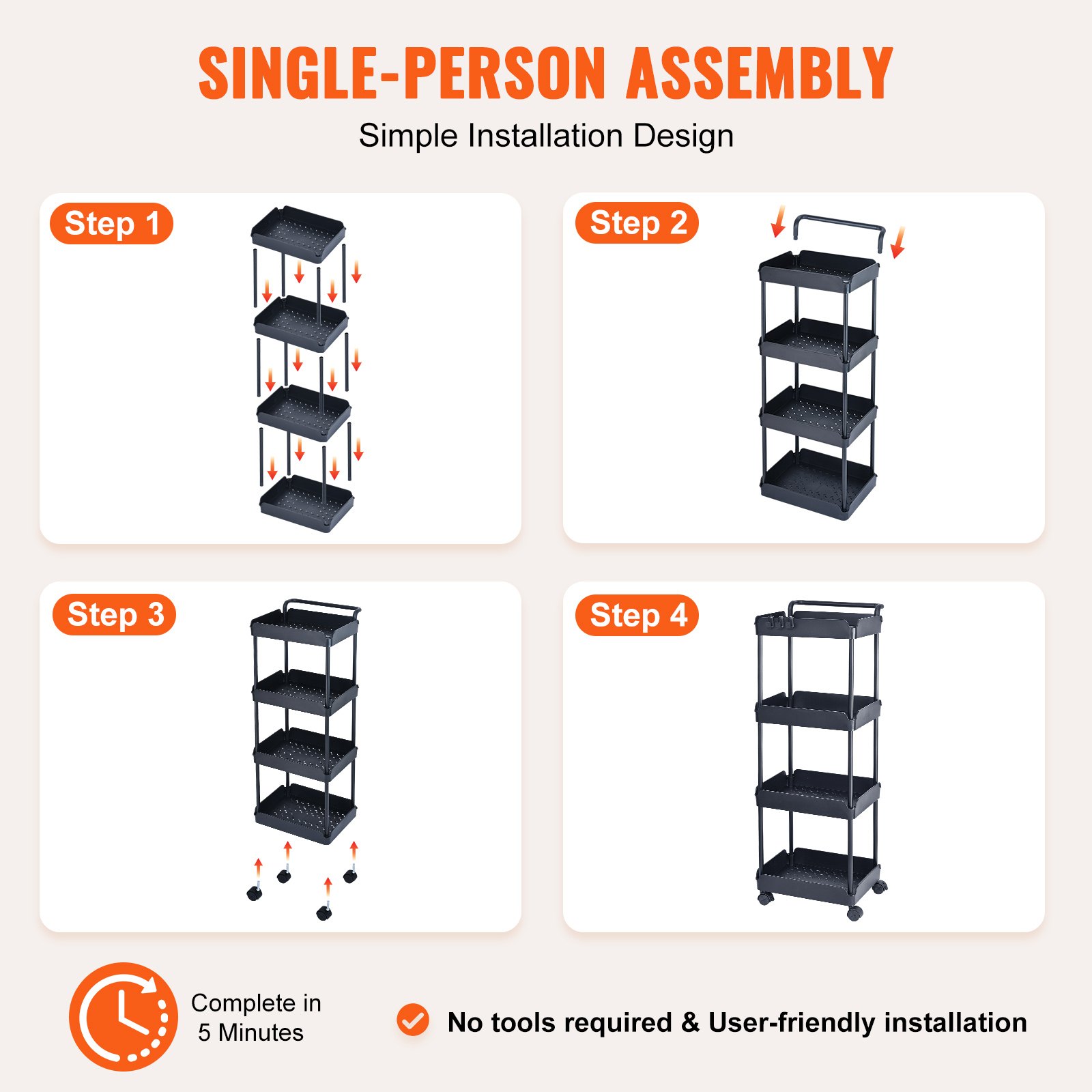 VEVOR 4-Tier Rolling Utility Cart, Kitchen Cart with Lockable Wheels, Multi-Functional Storage Trolley with Handle for Office, Living Room, Kitchen, Movable Storage Basket Organizer Shelves, Black