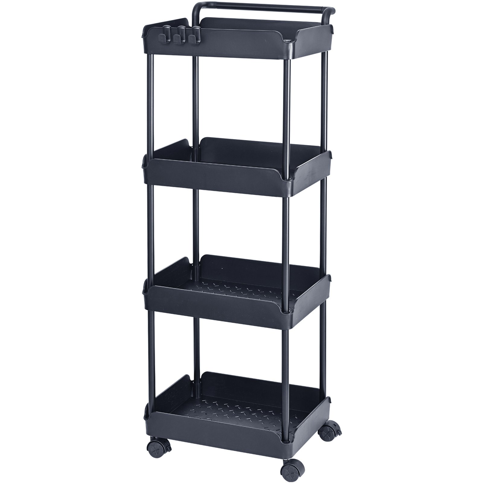 VEVOR 4-Tier Rolling Utility Cart, Kitchen Cart with Lockable Wheels, Multi-Functional Storage Trolley with Handle for Office, Living Room, Kitchen, Movable Storage Basket Organizer Shelves, Black