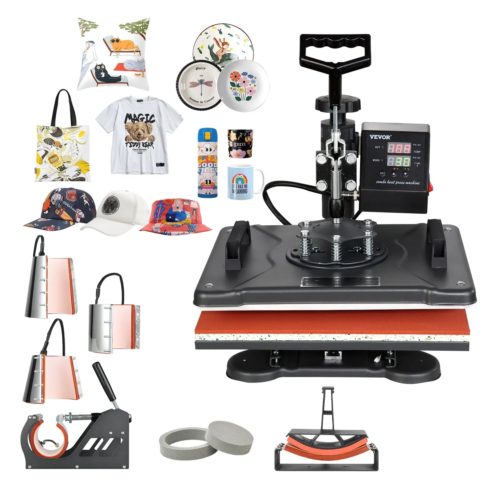 VEVOR Heat Press Machine, 8 in 1 Combo Digital Multifunctional Sublimation Heat Transfer Machine 12x15 inch,  360 Degree Rotation Swing Away for Printing T Shirts Mug Cap Hat Plate