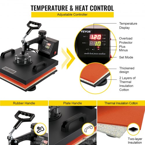 VEVOR Heat Press Machine 15x15Inch 8pcs 1050W Combo Digital Multifunctional Sublimation Heat Transfer Machine Dual LED Display for T Shirts Hat Mug Cap Plate Swing Away Design