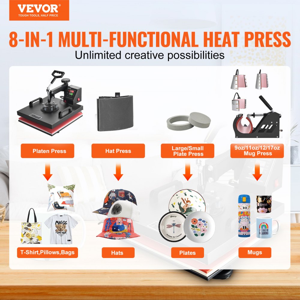 VEVOR 8 in 1 Heat Press Machine 15x15 Inch T-Shirt Pressing Machine 360° Swing Away Professional Sublimation Heat Press for Sublimation, Vinyl, Heat Transfer Projects