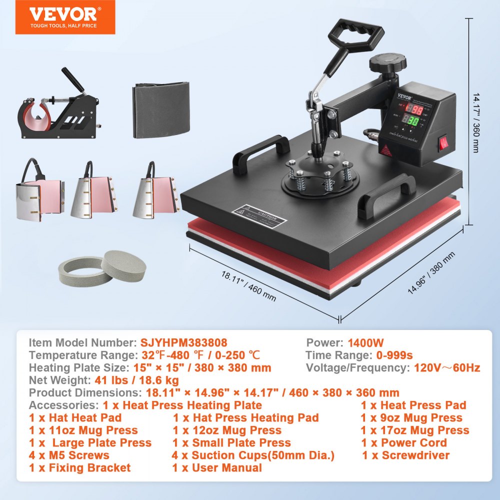 VEVOR 8 in 1 Heat Press Machine 15x15 Inch T-Shirt Pressing Machine 360° Swing Away Professional Sublimation Heat Press for Sublimation, Vinyl, Heat Transfer Projects