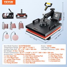 VEVOR Heat Press Machine 15x15Inch 8pcs 1050W Combo Digital Multifunctional Sublimation Heat Transfer Machine Dual LED Display for T Shirts Hat Mug Cap Plate Swing Away Design