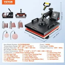 VEVOR Heat Press Machine 15x15Inch 8pcs 1050W Combo Digital Multifunctional Sublimation Heat Transfer Machine Dual LED Display for T Shirts Hat Mug Cap Plate Swing Away Design