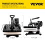 VEVOR Heat Press 5 In 1 12x15 tuuman sublimointikone 1000 W musta monitoiminen Swing Away Heat Press Machine T-paita Tulostimen siirto Kaksiputkinen lämmitys 360 asteen kierto DIY-korkille ja mukeille