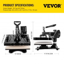 VEVOR Heat Press 5 In 1 12x15 hüvelykes szublimációs gép 1000 W fekete, többfunkciós elforgatható hőprésgép pólónyomtató transzfer Kétcsöves fűtés, 360 fokos elforgatás barkácskupakhoz és bögrékhez