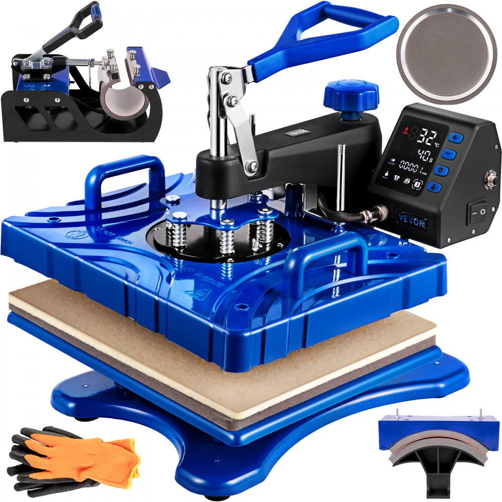 VEVOR Heat Press 5 in 1 12x15 Inch Sublimation Machine 1000W Blue Multifunctional Swing Away Heat Press T-Shirt Printer Transfer Dual-Tube Heating 360 Degree Rotation for DIY Cap and Mugs