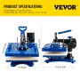 VEVOR Heat Press 5 in 1 12x15 hüvelykes szublimációs gép 1000 W Blue Multifunkciós Swing Away Heat Press póló Nyomtató transzfer Kétcsöves fűtés 360 fokos elforgatás barkács sapkákhoz és bögrékhez