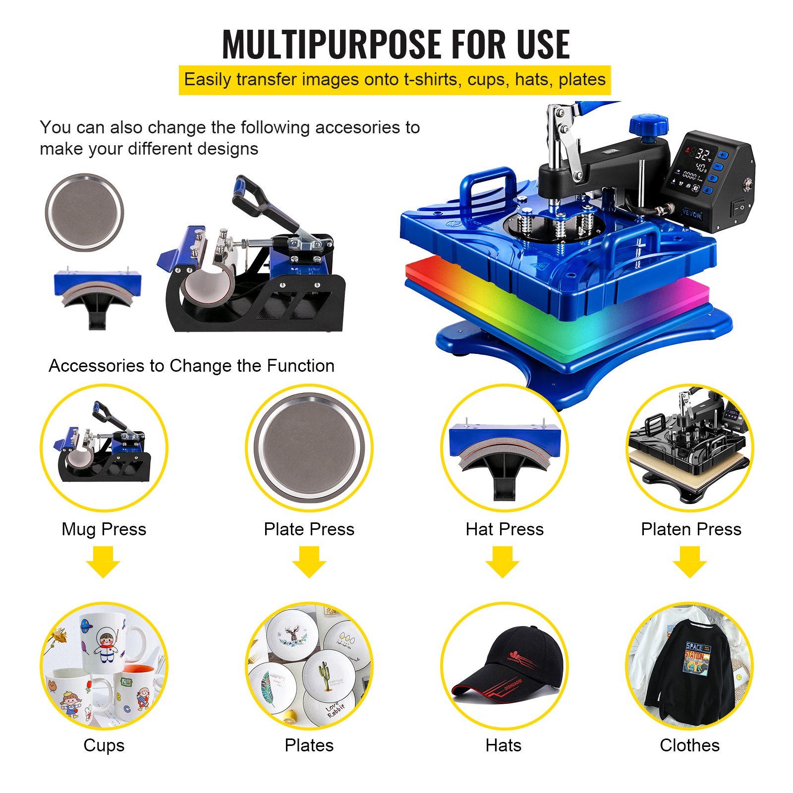 VEVOR Heat Press 5 in 1 12x15 Inch Sublimation Machine 1000W Blue Multifunctional Swing Away Heat Press T-Shirt Printer Transfer Dual-Tube Heating 360 Degree Rotation for DIY Cap and Mugs