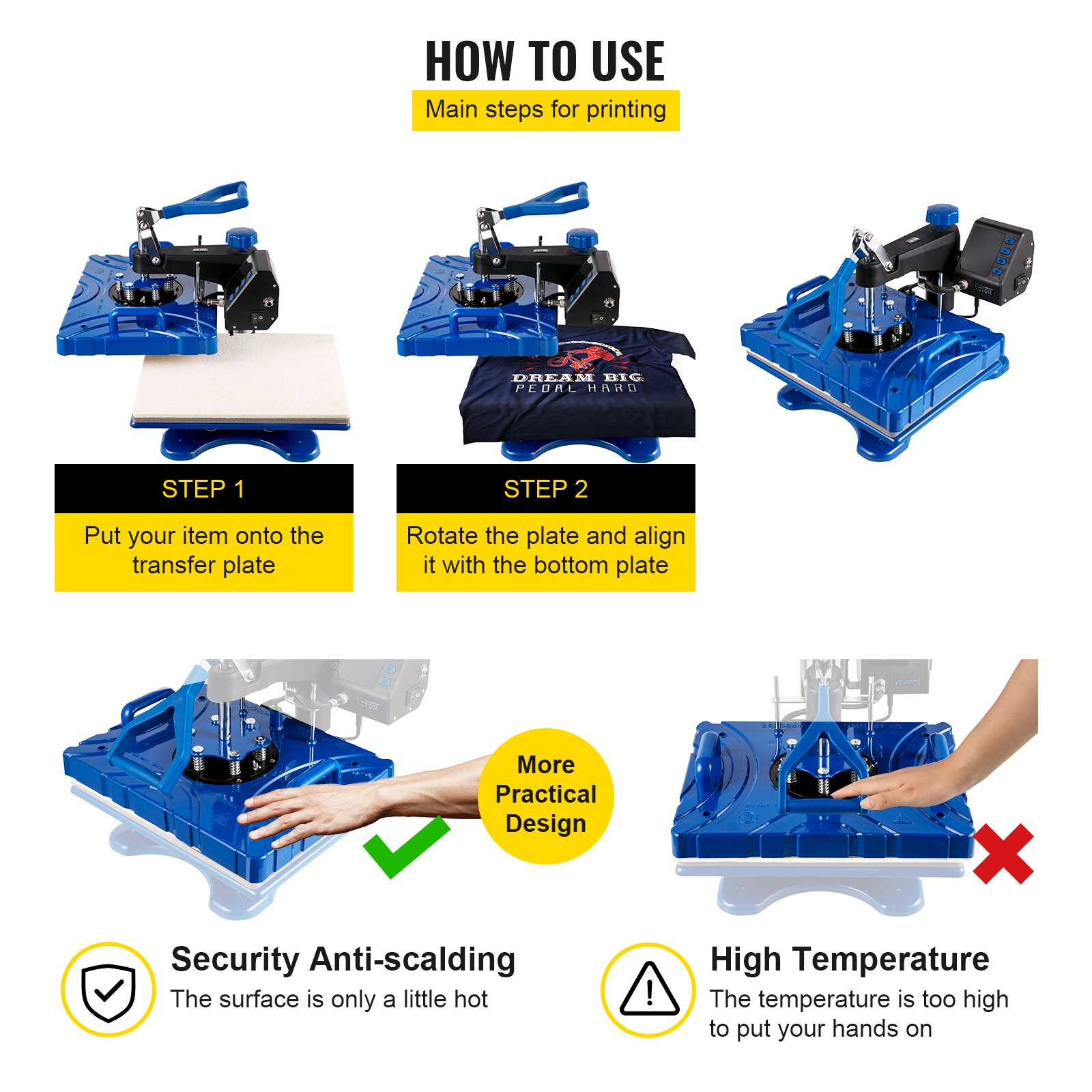 VEVOR Heat Press 5 in 1 12x15 Inch Sublimation Machine 1000W Blue Multifunctional Swing Away Heat Press T-Shirt Printer Transfer Dual-Tube Heating 360 Degree Rotation for DIY Cap and Mugs