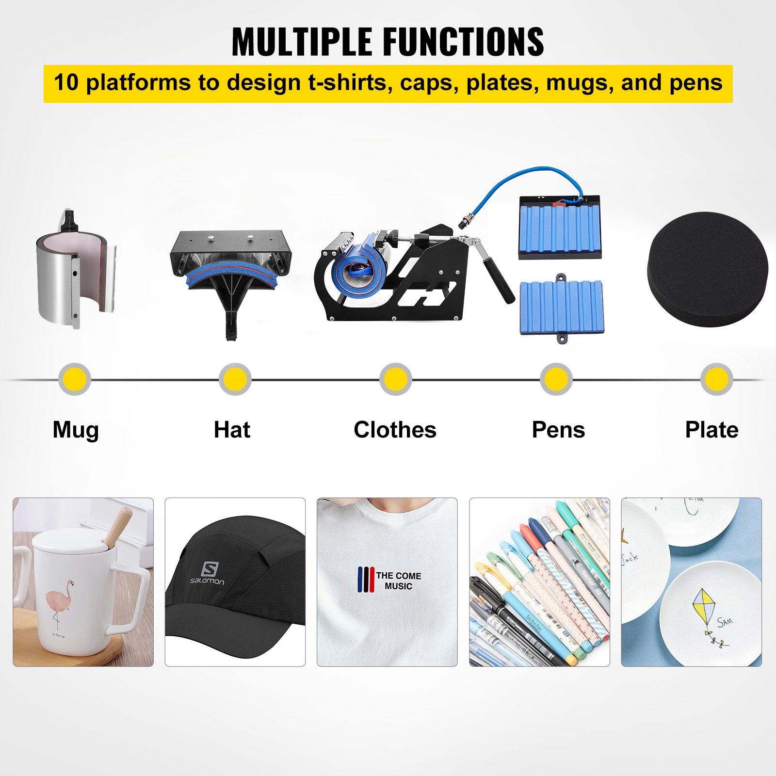 VEVOR Heat Press 30.5x38.1 cm 10 In 1 Heat Press 1000W Heat Press Machine with 360° Rotation Swing Away White Heat Press T-Shirt Sublimation Machine Dual-tube Heating for DIY Pens Caps Mugs and Shirts