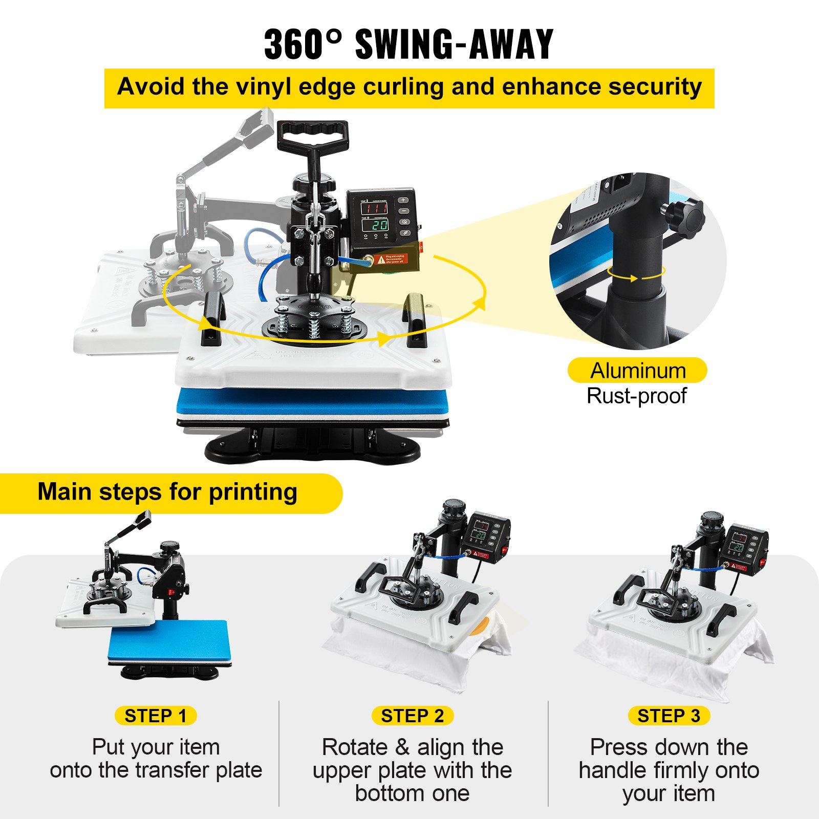 VEVOR Heat Press 30.5x38.1 cm 10 In 1 Heat Press 1000W Heat Press Machine with 360° Rotation Swing Away White Heat Press T-Shirt Sublimation Machine Dual-tube Heating for DIY Pens Caps Mugs and Shirts