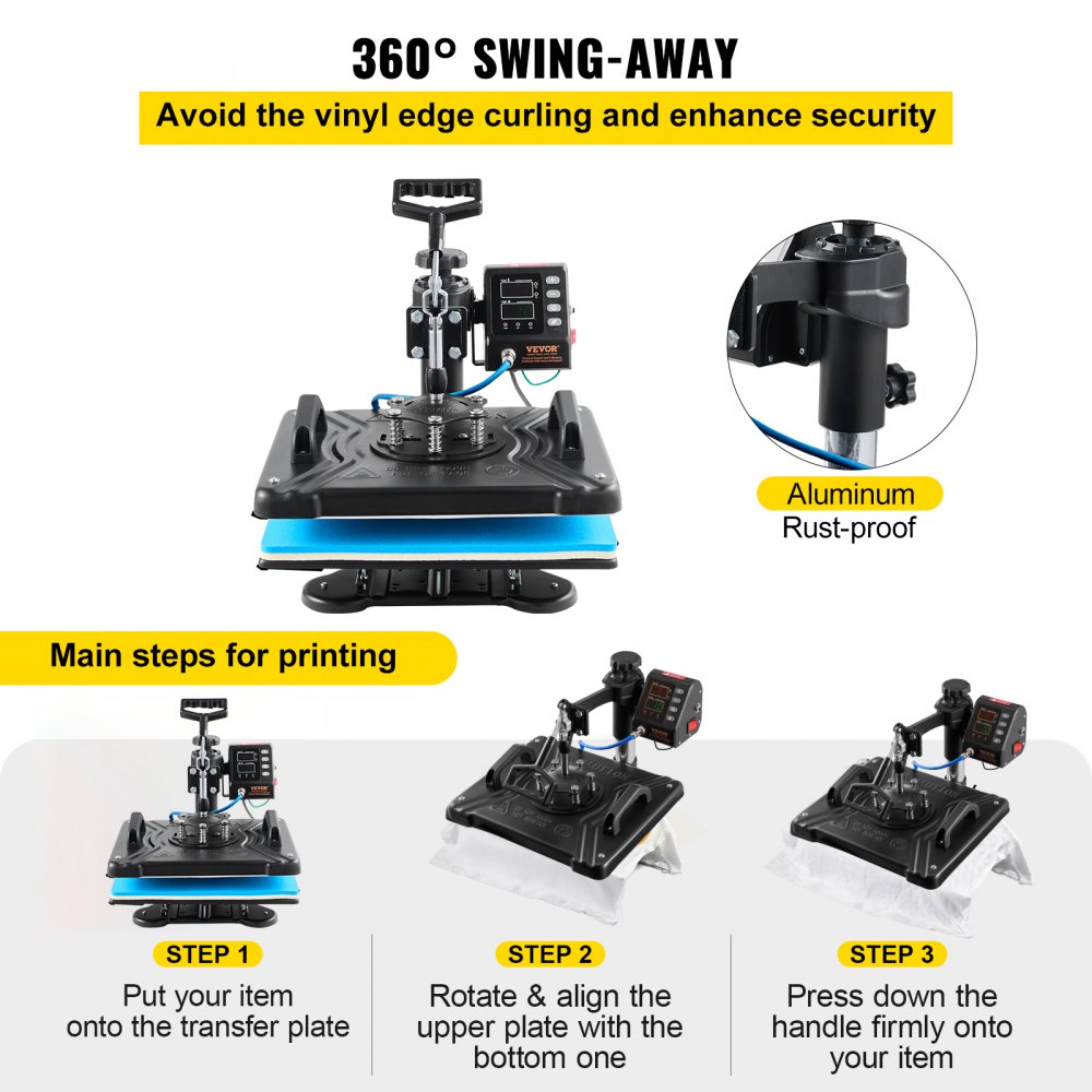 VEVOR Heat Press 30.5x38.1 cm 10 In 1 Heat Press 1000W Heat Press Machine with 360°Rotation Swing Away Black 10 In 1 T-Shirt Sublimation Machine Dual-tube Heating for DIY Pens Caps Mugs and Shirts