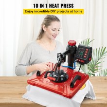 VEVOR Heat Press 12X15 Inch 10 In 1 Heat Press 1000W Heat Press Machine with 360° Rotation Swing Away Red Heat Press T-Shirt Sublimation Machine Dual-tube Heating for DIY Pens Caps  Mugs and Shirts