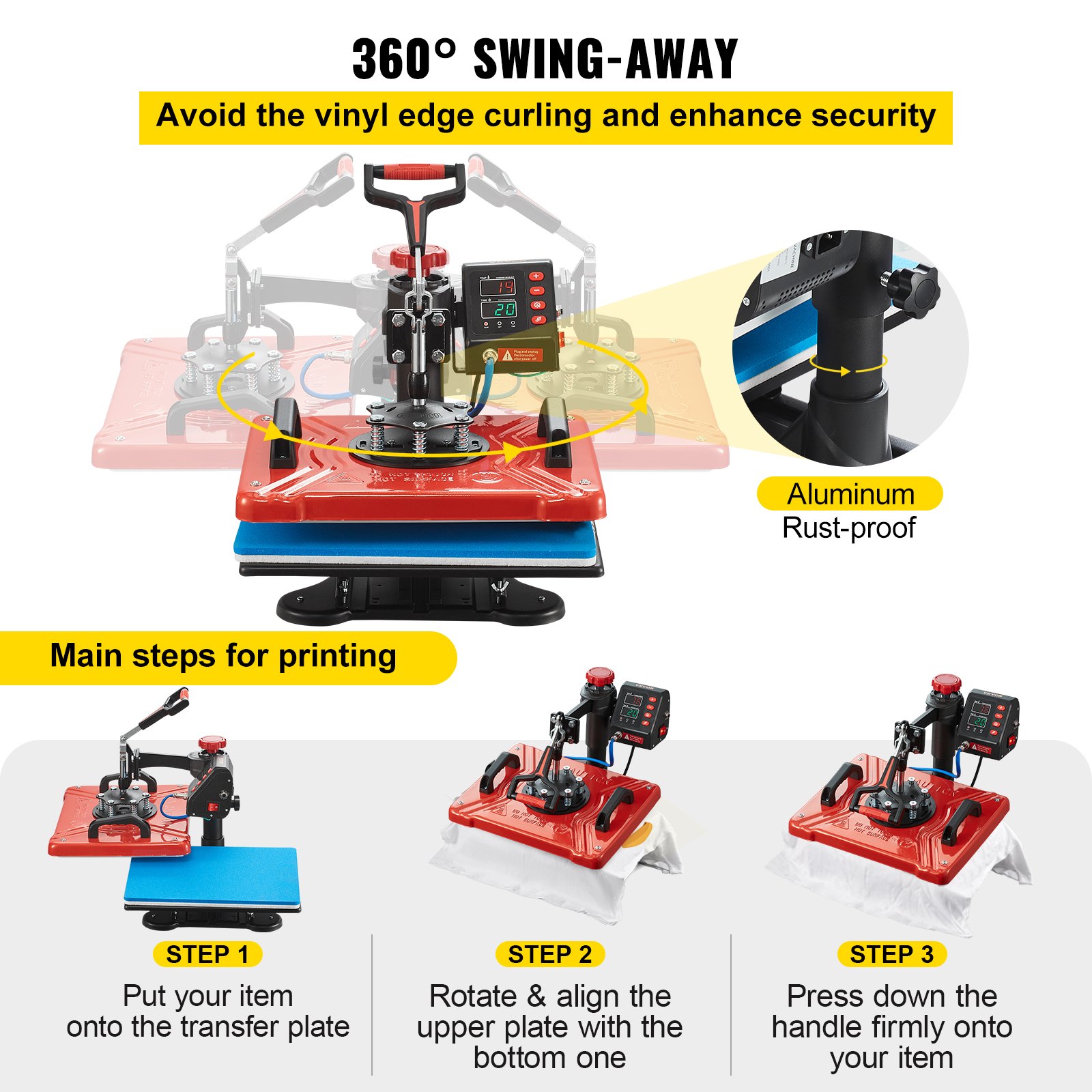 VEVOR Heat Press 30.5x38.1 cm 10 In 1 Heat Press 1000W Heat Press Machine with 360° Rotation Swing Away Red Heat Press T-Shirt Sublimation Machine Dual-tube Heating for DIY Pens Caps Mugs and Shirts