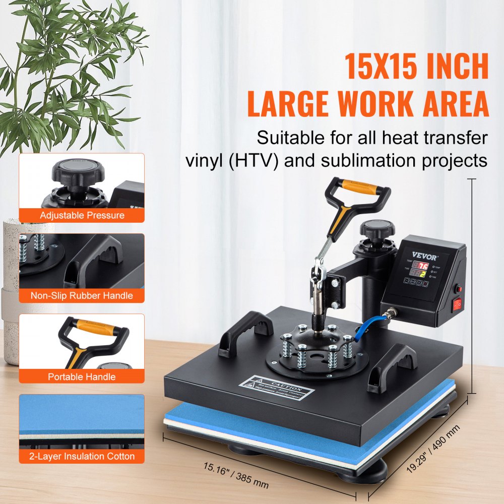 VEVOR Heat Press, 5 in 1 15 x 15 Inch Heat Press Machine, Dual LED Display Heat Press Machine, Multifunctional Sublimation, for T-Shirts, Swing Away Design
