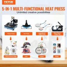 VEVOR Heat Press, 5 in 1 15 x 15 Inch Heat Press Machine, Dual LED Display Heat Press Machine, Multifunctional Sublimation, for T-Shirts, Swing Away Design