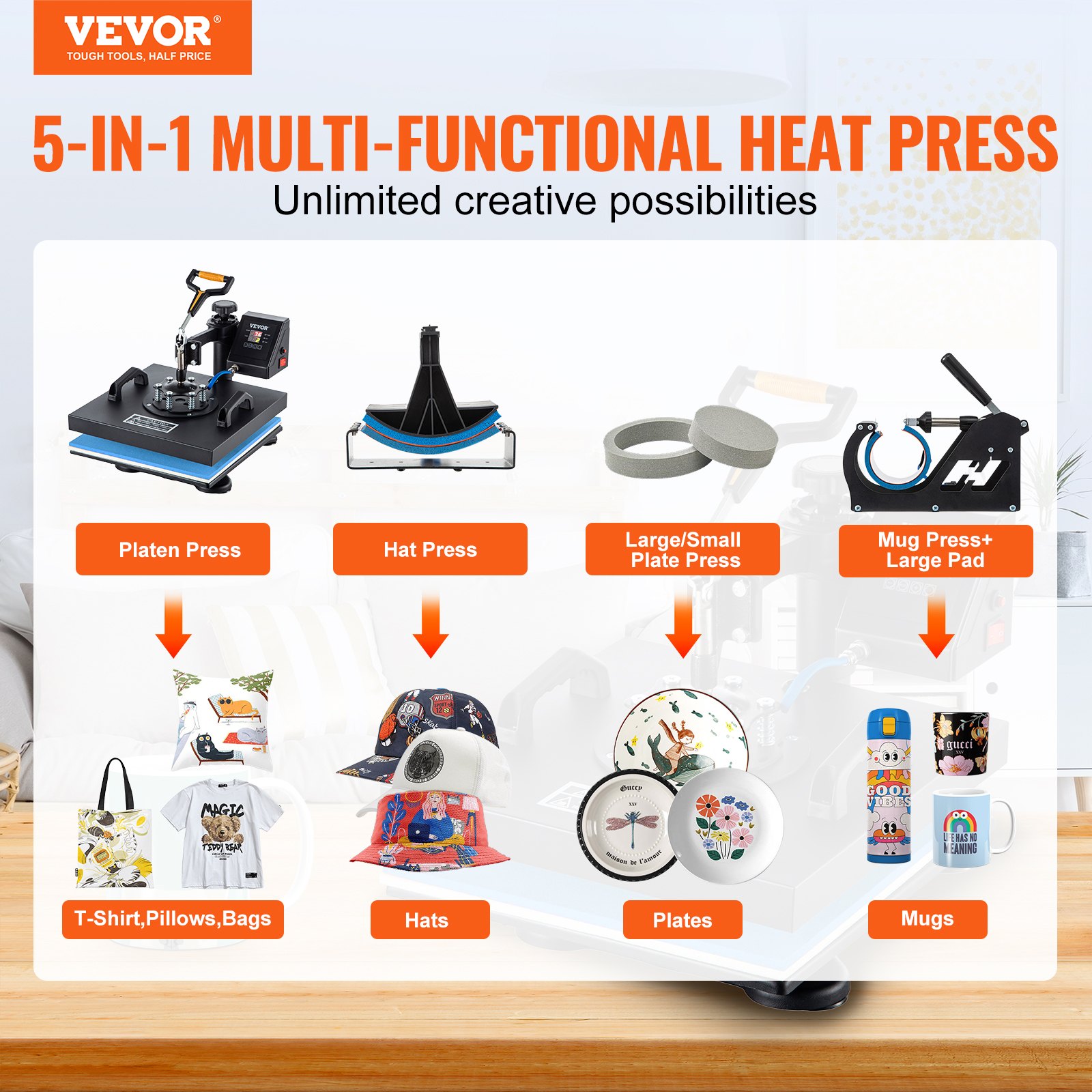 VEVOR Heat Press, 5 in 1 15 x 15 Inch Heat Press Machine, Dual LED Display Heat Press Machine, Multifunctional Sublimation, for T-Shirts, Swing Away Design