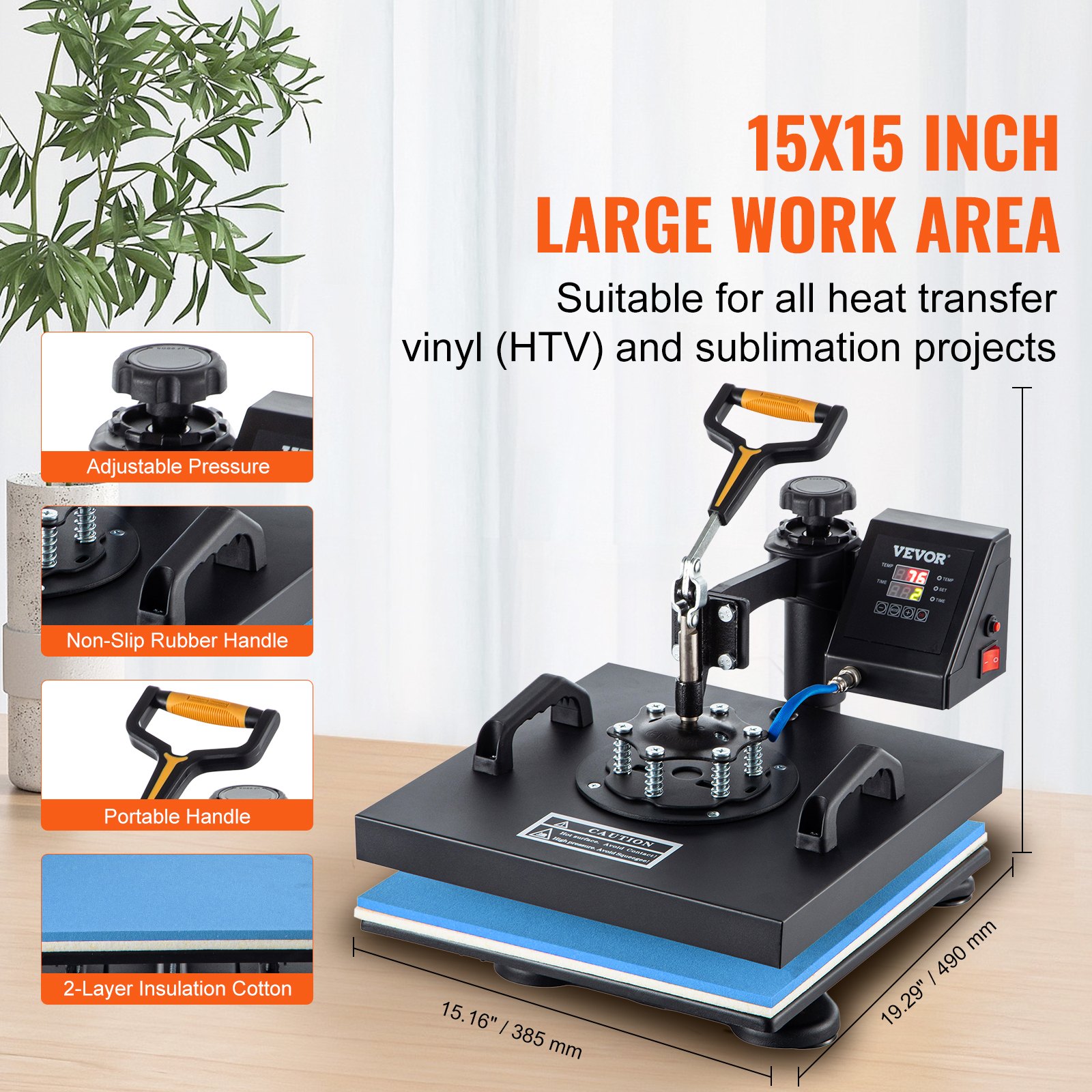 VEVOR Heat Press, 5 in 1 15 x 15 Inch Heat Press Machine, Dual LED Display Heat Press Machine, Multifunctional Sublimation, for T-Shirts, Swing Away Design