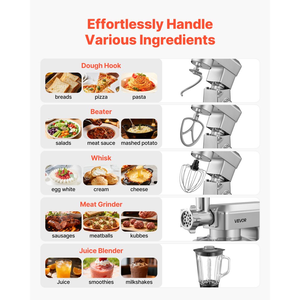 VEVOR Stand Mixer, 4.3 L Electric Kitchen Mixer, 1300W Dough-Mixer, 6+P Speeds Tilt-head Food-Mixer with 1.5 L Blender Cup, Stainless Steel Bowl, Dough Hook, Whisk, Beater, for Baking, Mixing, Silver