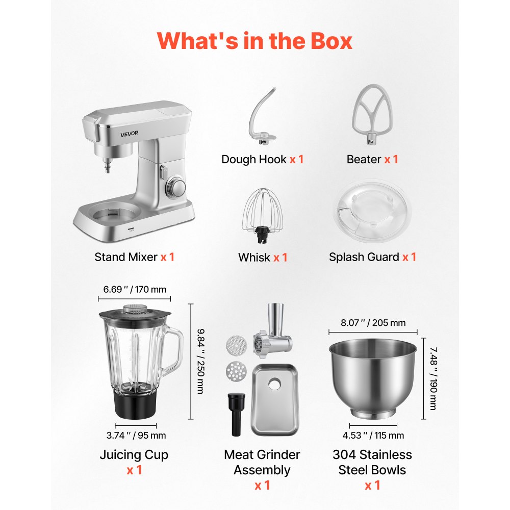 VEVOR Stand Mixer, 4.3 L Electric Kitchen Mixer, 1300W Dough-Mixer, 6+P Speeds Tilt-head Food-Mixer with 1.5 L Blender Cup, Stainless Steel Bowl, Dough Hook, Whisk, Beater, for Baking, Mixing, Silver
