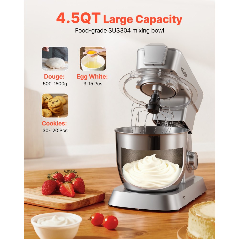 VEVOR Stand Mixer, 4.3 L Electric Kitchen Mixer, 1300W Dough-Mixer, 6+P Speeds Tilt-head Food-Mixer with 1.5 L Blender Cup, Stainless Steel Bowl, Dough Hook, Whisk, Beater, for Baking, Mixing, Silver
