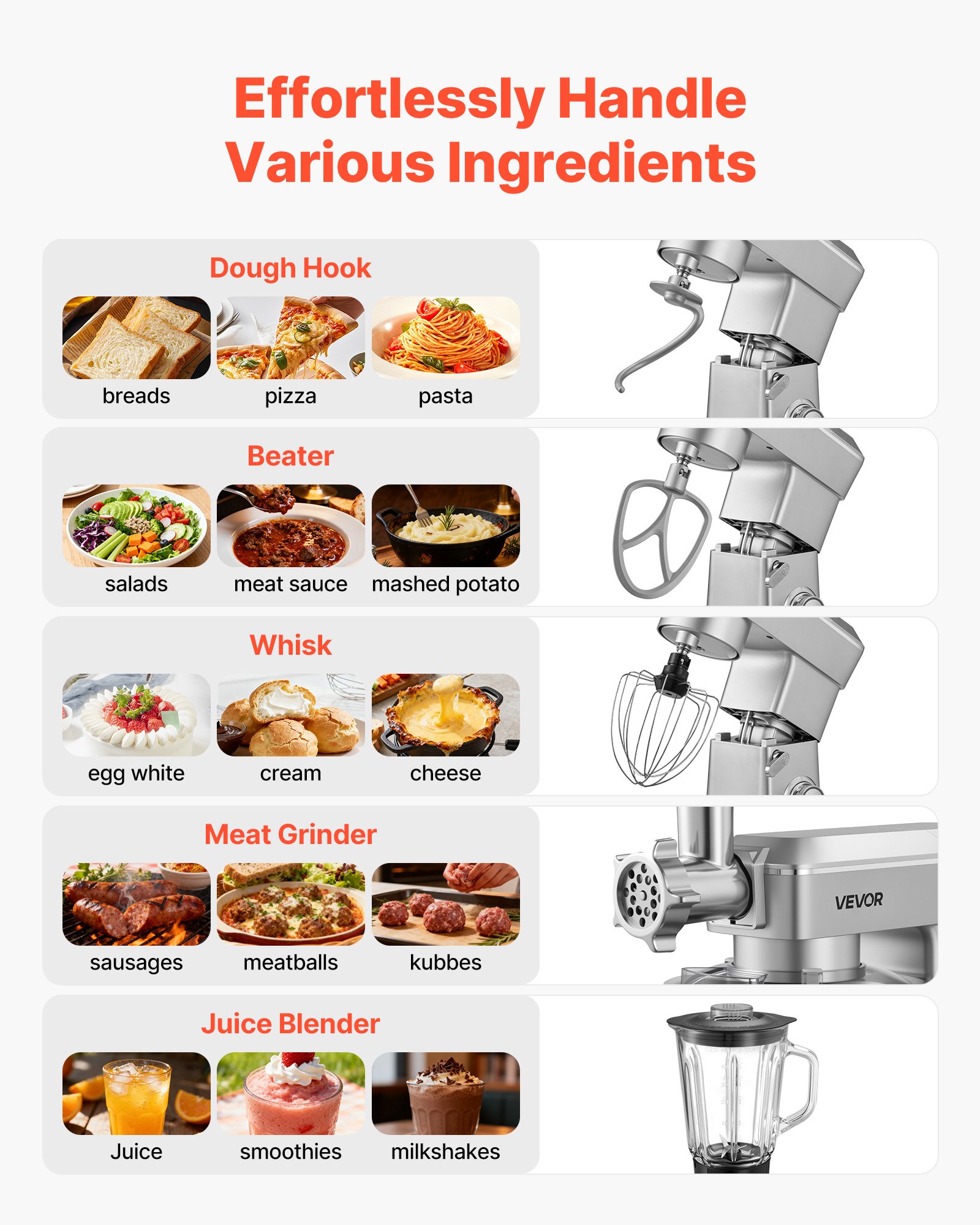 VEVOR Stand Mixer, 4.3 L Electric Kitchen Mixer, 1300W Dough-Mixer, 6+P Speeds Tilt-head Food-Mixer with 1.5 L Blender Cup, Stainless Steel Bowl, Dough Hook, Whisk, Beater, for Baking, Mixing, Silver