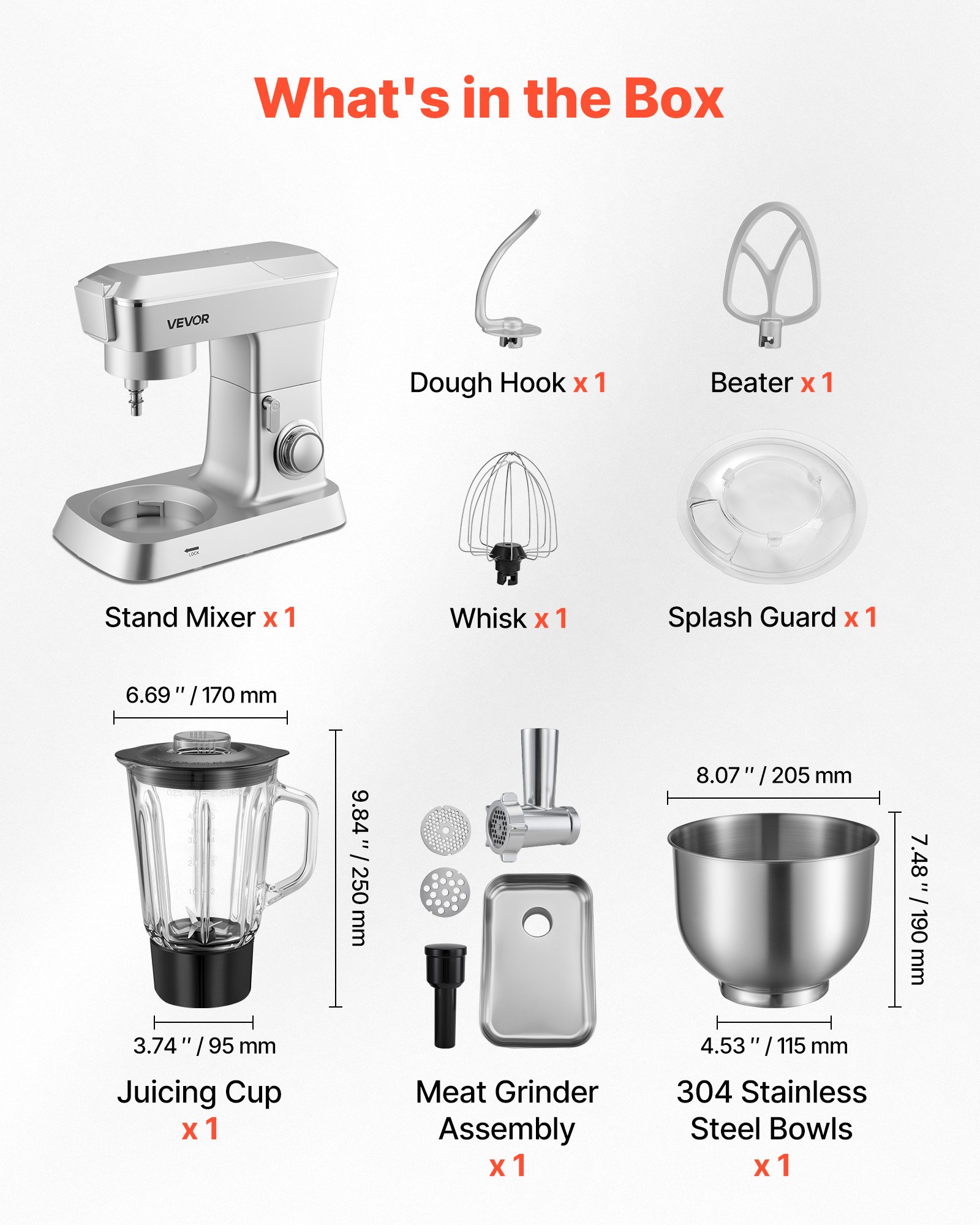 VEVOR Stand Mixer, 4.3 L Electric Kitchen Mixer, 1300W Dough-Mixer, 6+P Speeds Tilt-head Food-Mixer with 1.5 L Blender Cup, Stainless Steel Bowl, Dough Hook, Whisk, Beater, for Baking, Mixing, Silver