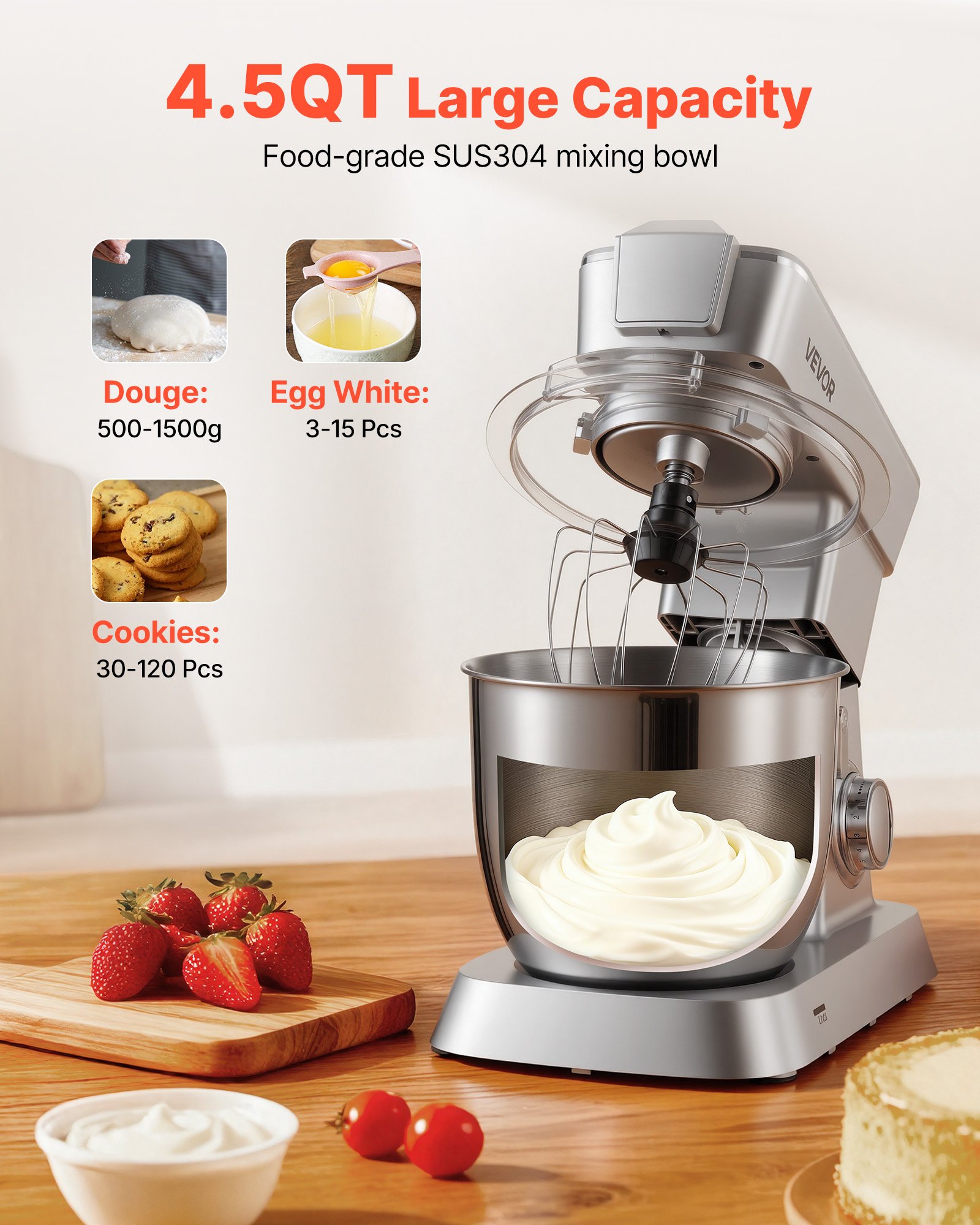 VEVOR Stand Mixer, 4.3 L Electric Kitchen Mixer, 1300W Dough-Mixer, 6+P Speeds Tilt-head Food-Mixer with 1.5 L Blender Cup, Stainless Steel Bowl, Dough Hook, Whisk, Beater, for Baking, Mixing, Silver