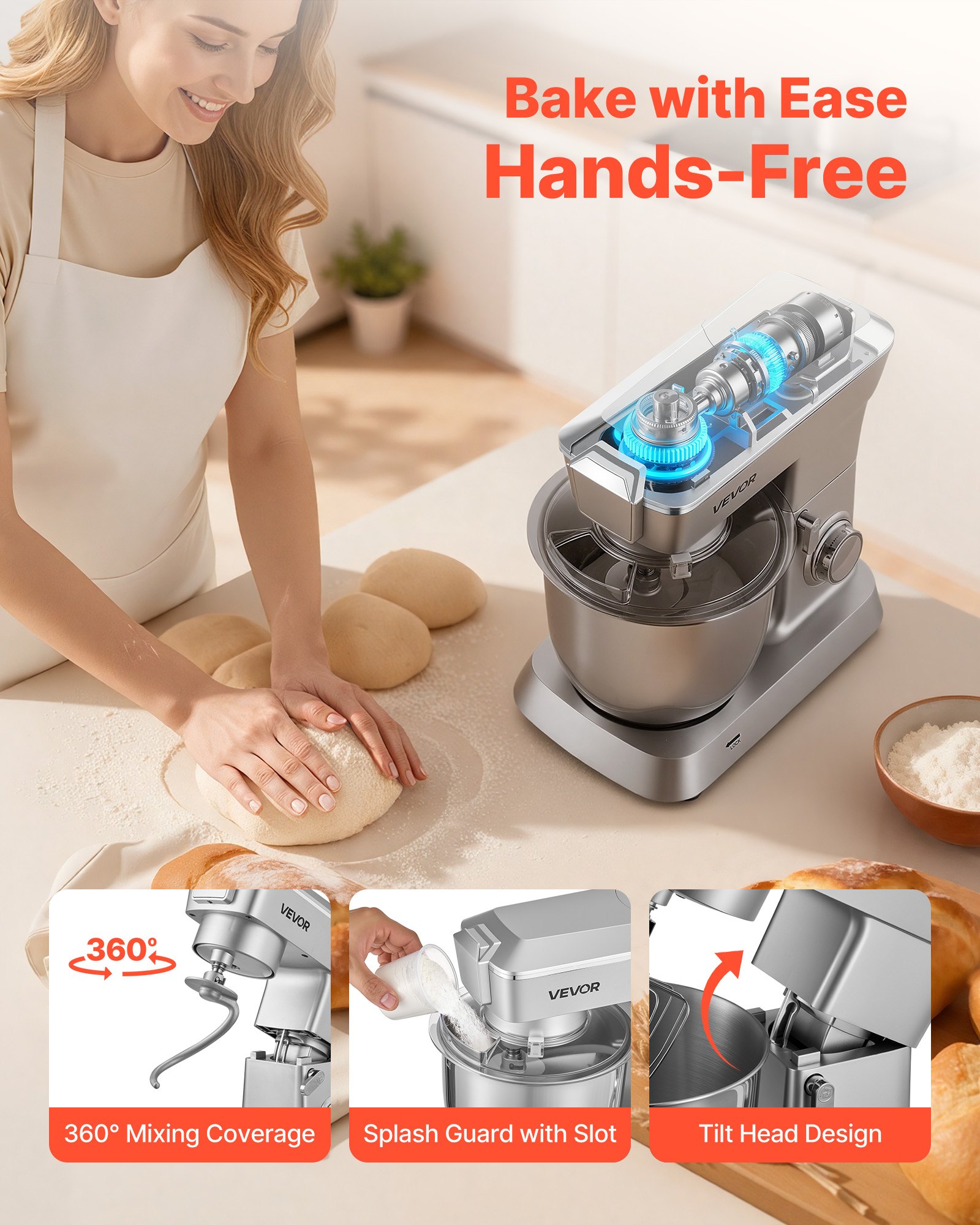 VEVOR Stand Mixer, 4.3 L Electric Kitchen Mixer, 1300W Dough-Mixer, 6+P Speeds Tilt-head Food-Mixer with 1.5 L Blender Cup, Stainless Steel Bowl, Dough Hook, Whisk, Beater, for Baking, Mixing, Silver