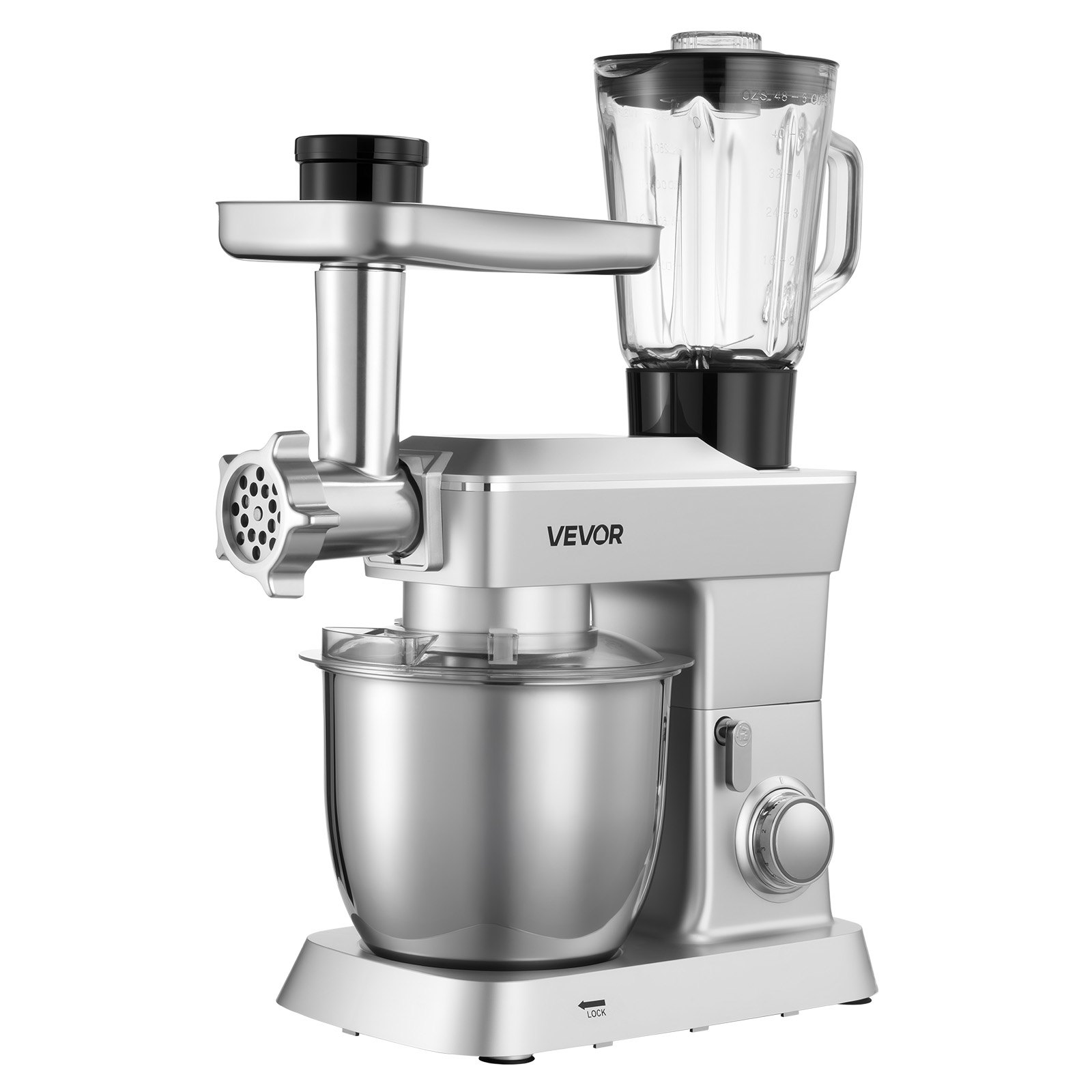 VEVOR Stand Mixer, 4.3 L Electric Kitchen Mixer, 1300W Dough-Mixer, 6+P Speeds Tilt-head Food-Mixer with 1.5 L Blender Cup, Stainless Steel Bowl, Dough Hook, Whisk, Beater, for Baking, Mixing, Silver