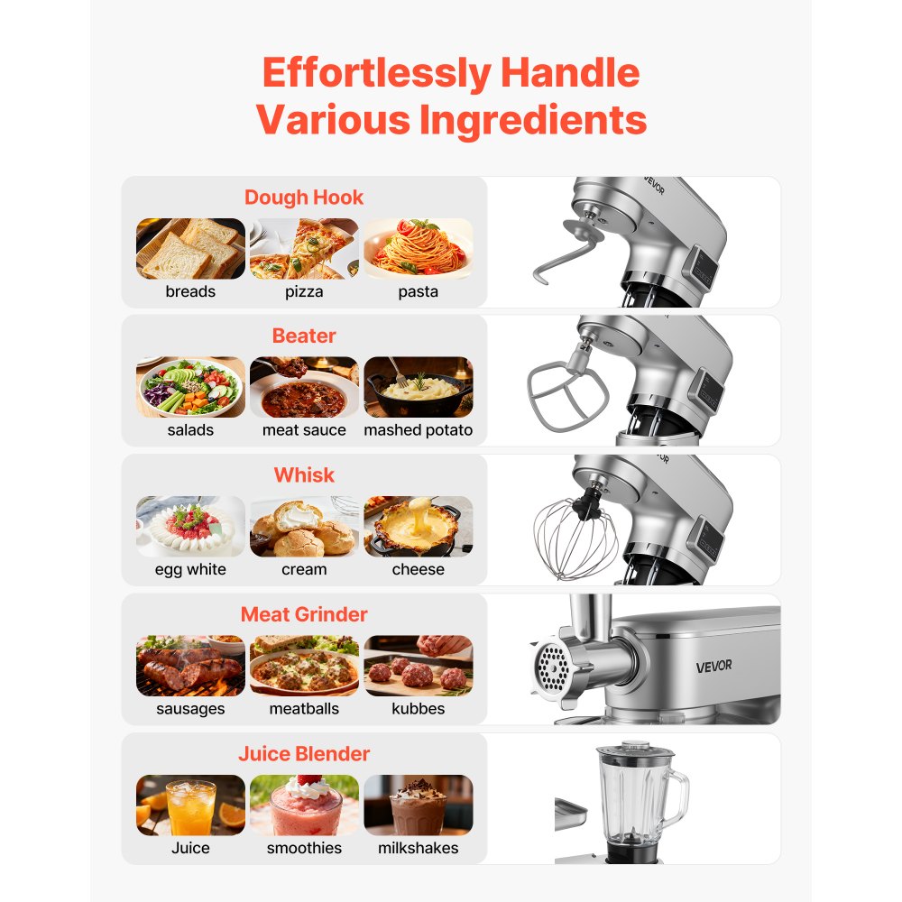 VEVOR Stand Mixer, 5.7 L Electric Kitchen Mixer, 1500W Dough-Mixer, 6+P Speeds Tilt-head Food-Mixer with 1.5 L Blender Cup, Stainless Steel Bowl, Dough Hook, Whisk, Beater, for Baking, Mixing, Silver