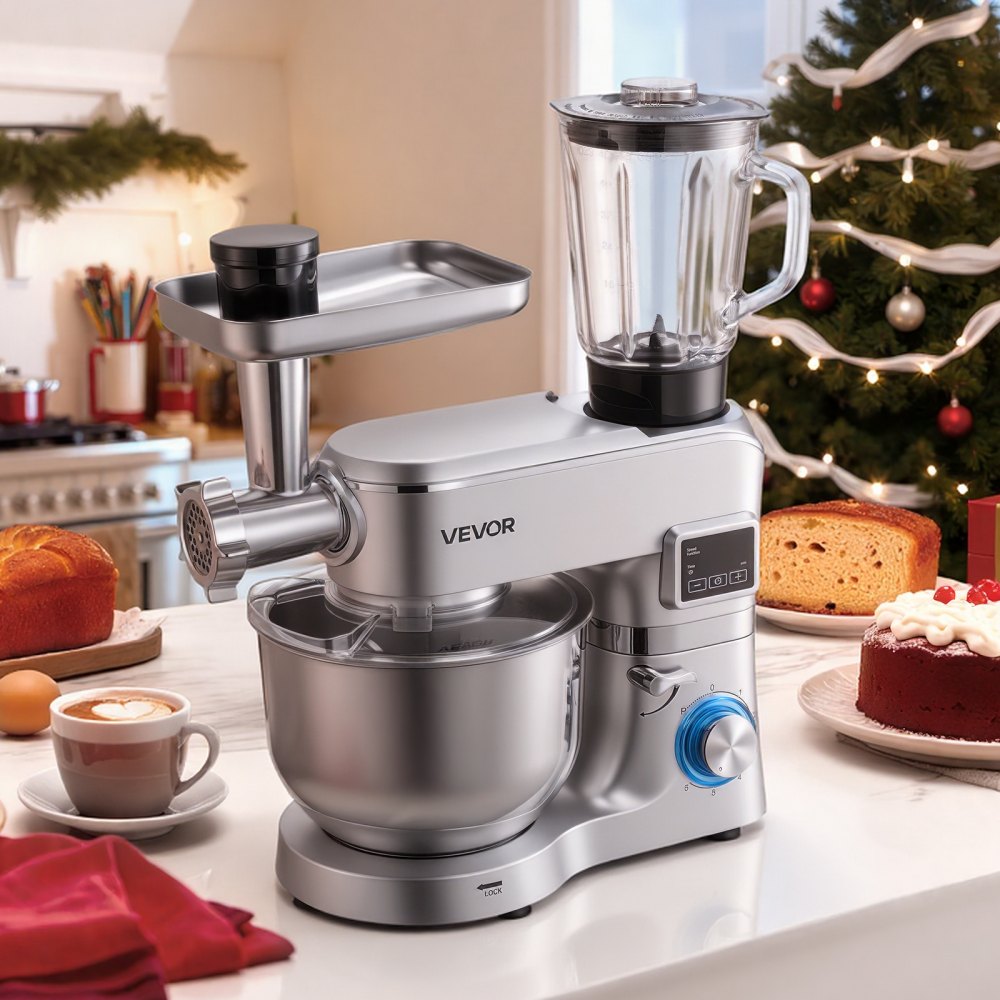 VEVOR Stand Mixer, 5.7 L Electric Kitchen Mixer, 1500W Dough-Mixer, 6+P Speeds Tilt-head Food-Mixer with 1.5 L Blender Cup, Stainless Steel Bowl, Dough Hook, Whisk, Beater, for Baking, Mixing, Silver