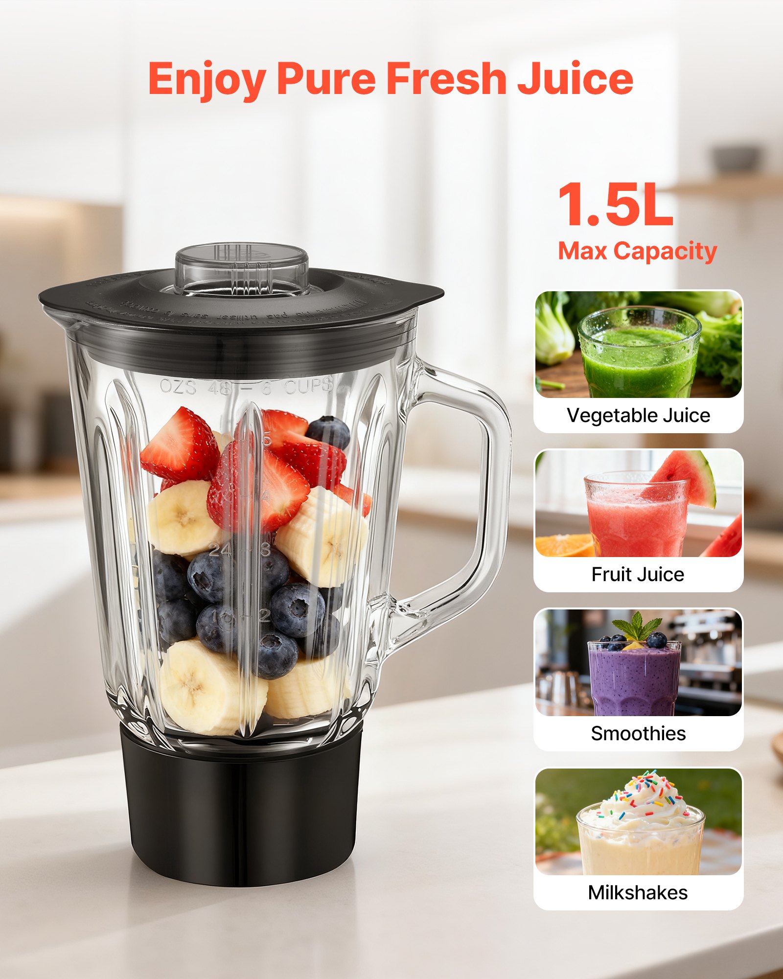 VEVOR Stand Mixer, 5.7 L Electric Kitchen Mixer, 1500W Dough-Mixer, 6+P Speeds Tilt-head Food-Mixer with 1.5 L Blender Cup, Stainless Steel Bowl, Dough Hook, Whisk, Beater, for Baking, Mixing, Silver