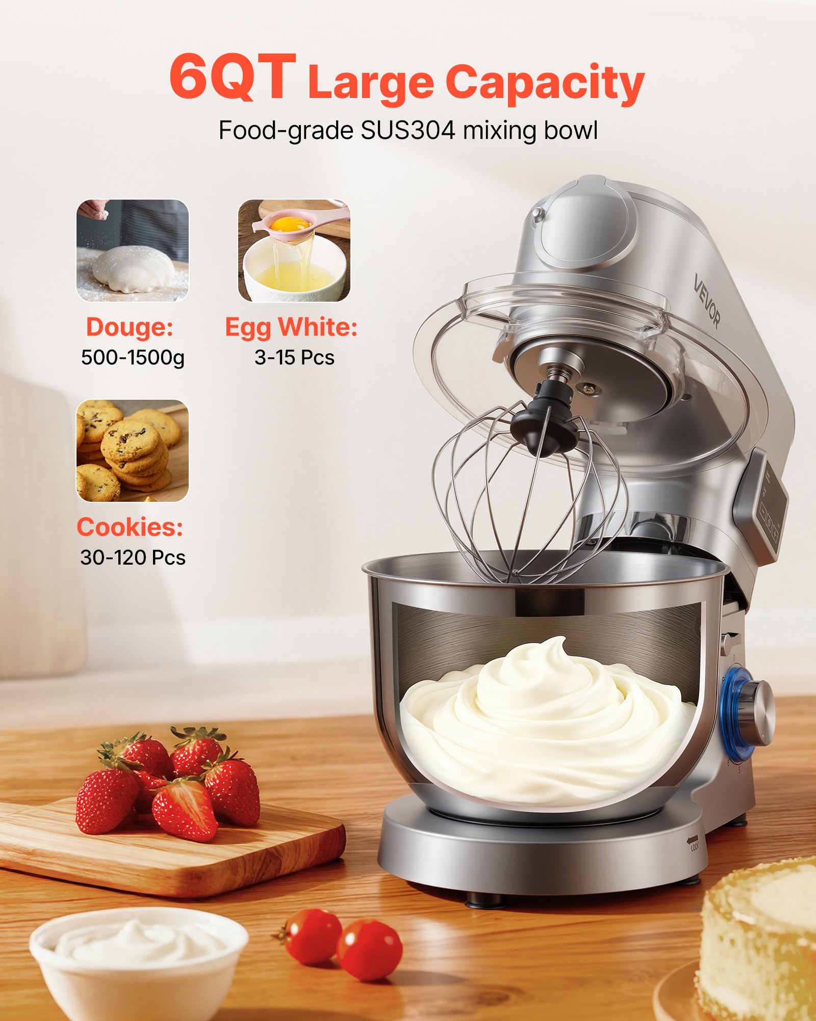 VEVOR Stand Mixer, 5.7 L Electric Kitchen Mixer, 1500W Dough-Mixer, 6+P Speeds Tilt-head Food-Mixer with 1.5 L Blender Cup, Stainless Steel Bowl, Dough Hook, Whisk, Beater, for Baking, Mixing, Silver
