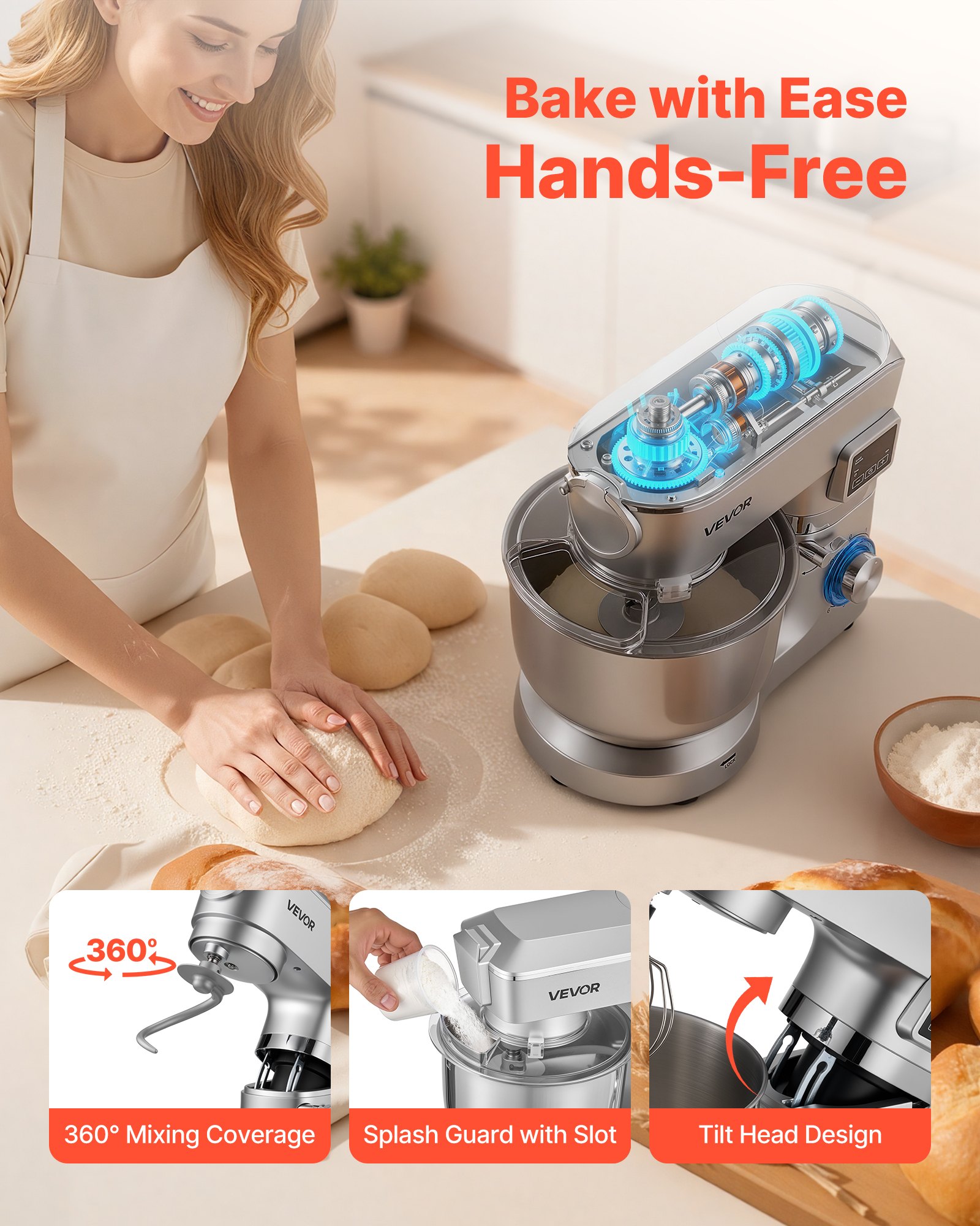 VEVOR Stand Mixer, 5.7 L Electric Kitchen Mixer, 1500W Dough-Mixer, 6+P Speeds Tilt-head Food-Mixer with 1.5 L Blender Cup, Stainless Steel Bowl, Dough Hook, Whisk, Beater, for Baking, Mixing, Silver