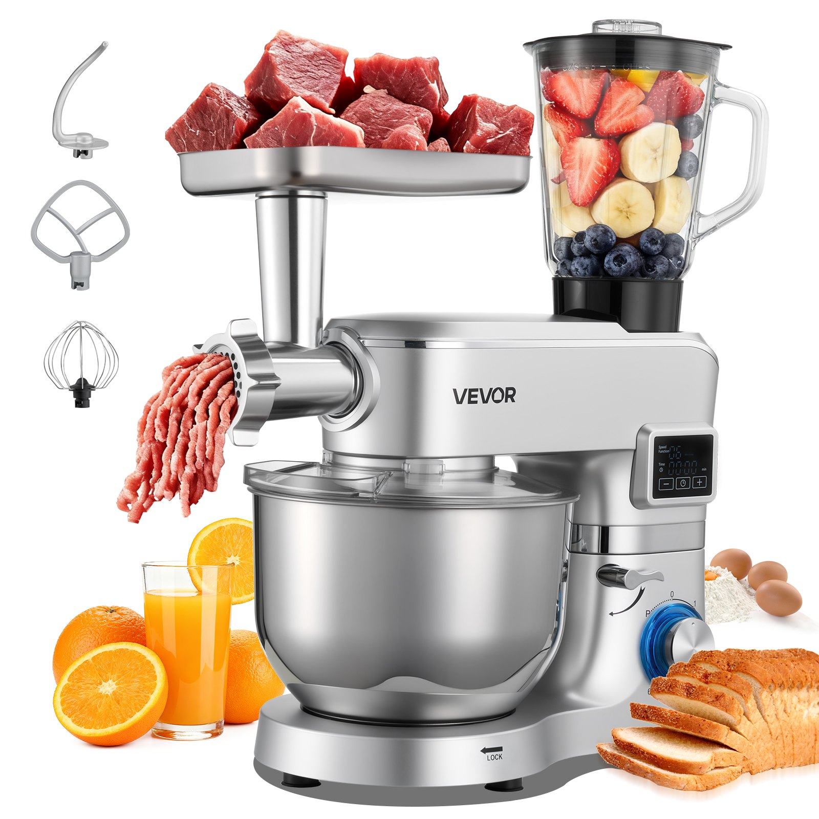 VEVOR Stand Mixer, 5.7 L Electric Kitchen Mixer, 1500W Dough-Mixer, 6+P Speeds Tilt-head Food-Mixer with 1.5 L Blender Cup, Stainless Steel Bowl, Dough Hook, Whisk, Beater, for Baking, Mixing, Silver
