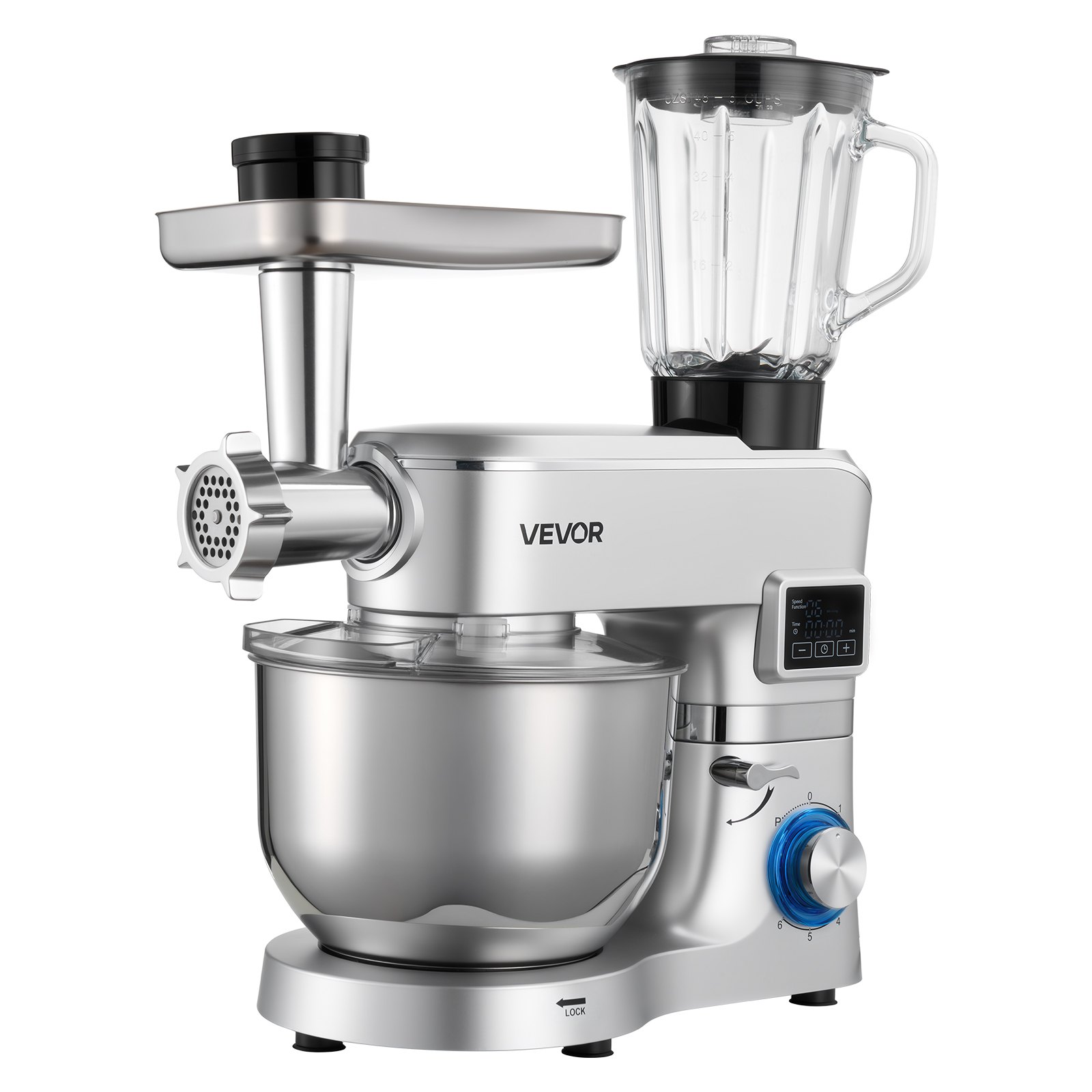 VEVOR Stand Mixer, 5.7 L Electric Kitchen Mixer, 1500W Dough-Mixer, 6+P Speeds Tilt-head Food-Mixer with 1.5 L Blender Cup, Stainless Steel Bowl, Dough Hook, Whisk, Beater, for Baking, Mixing, Silver