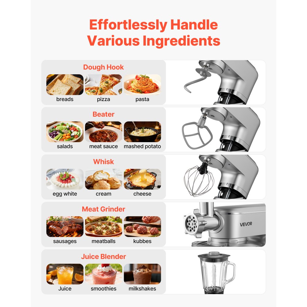 VEVOR Stand Mixer, 6 L Electric Kitchen Mixer, 1500W Dough-Mixer, 6+P Speeds Tilt-head Food-Mixer with 1.5 L Blender Cup, Stainless Steel Bowl, Dough Hook, Whisk, Beater, for Baking, Mixing, Silver