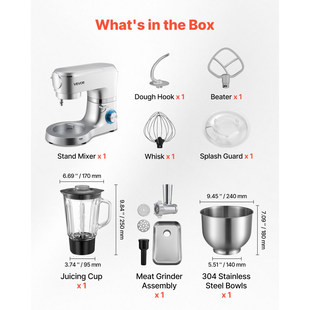 VEVOR Stand Mixer, 6 L Electric Kitchen Mixer, 1500W Dough-Mixer, 6+P Speeds Tilt-head Food-Mixer with 1.5 L Blender Cup, Stainless Steel Bowl, Dough Hook, Whisk, Beater, for Baking, Mixing, Silver