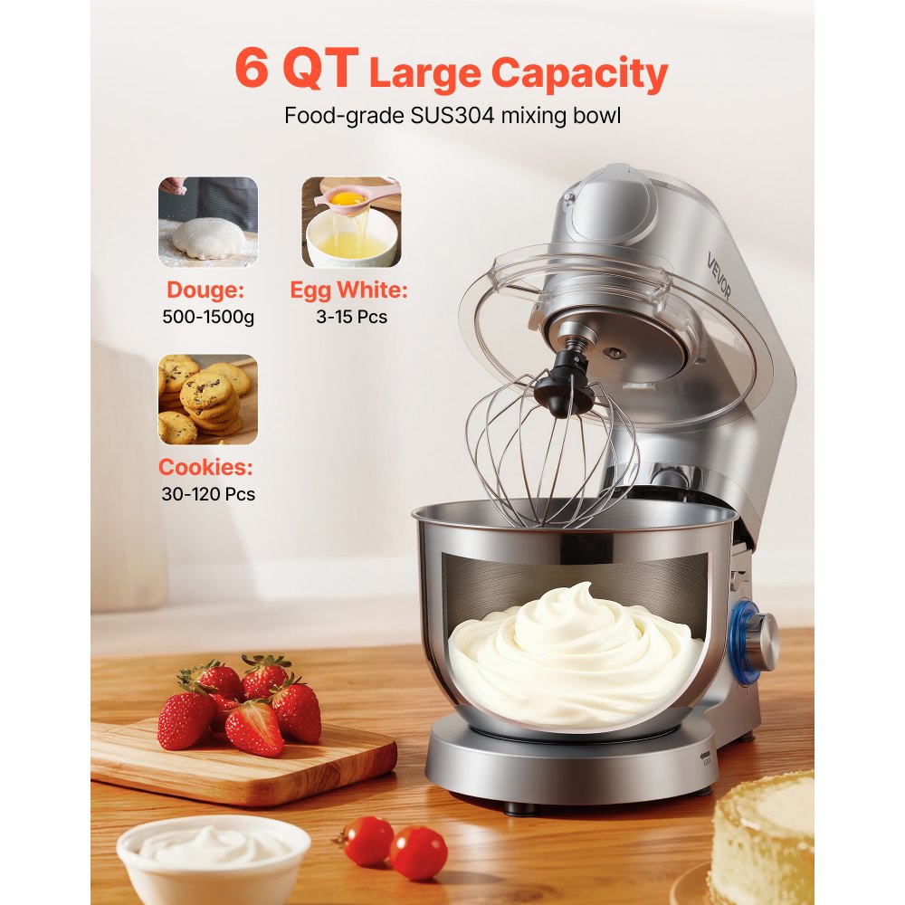 VEVOR Stand Mixer, 6 L Electric Kitchen Mixer, 1500W Dough-Mixer, 6+P Speeds Tilt-head Food-Mixer with 1.5 L Blender Cup, Stainless Steel Bowl, Dough Hook, Whisk, Beater, for Baking, Mixing, Silver