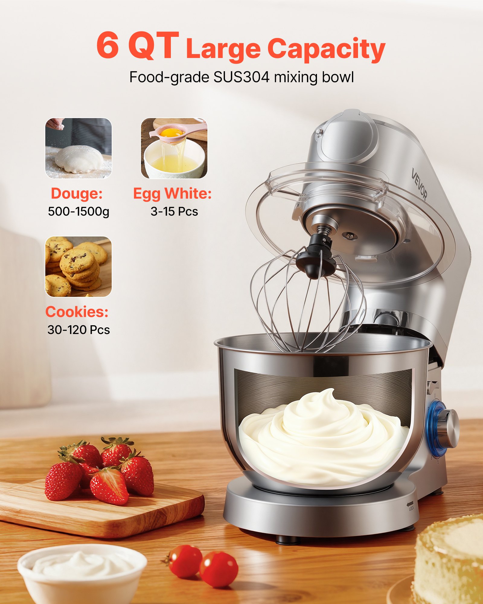 VEVOR Stand Mixer, 6 L Electric Kitchen Mixer, 1500W Dough-Mixer, 6+P Speeds Tilt-head Food-Mixer with 1.5 L Blender Cup, Stainless Steel Bowl, Dough Hook, Whisk, Beater, for Baking, Mixing, Silver