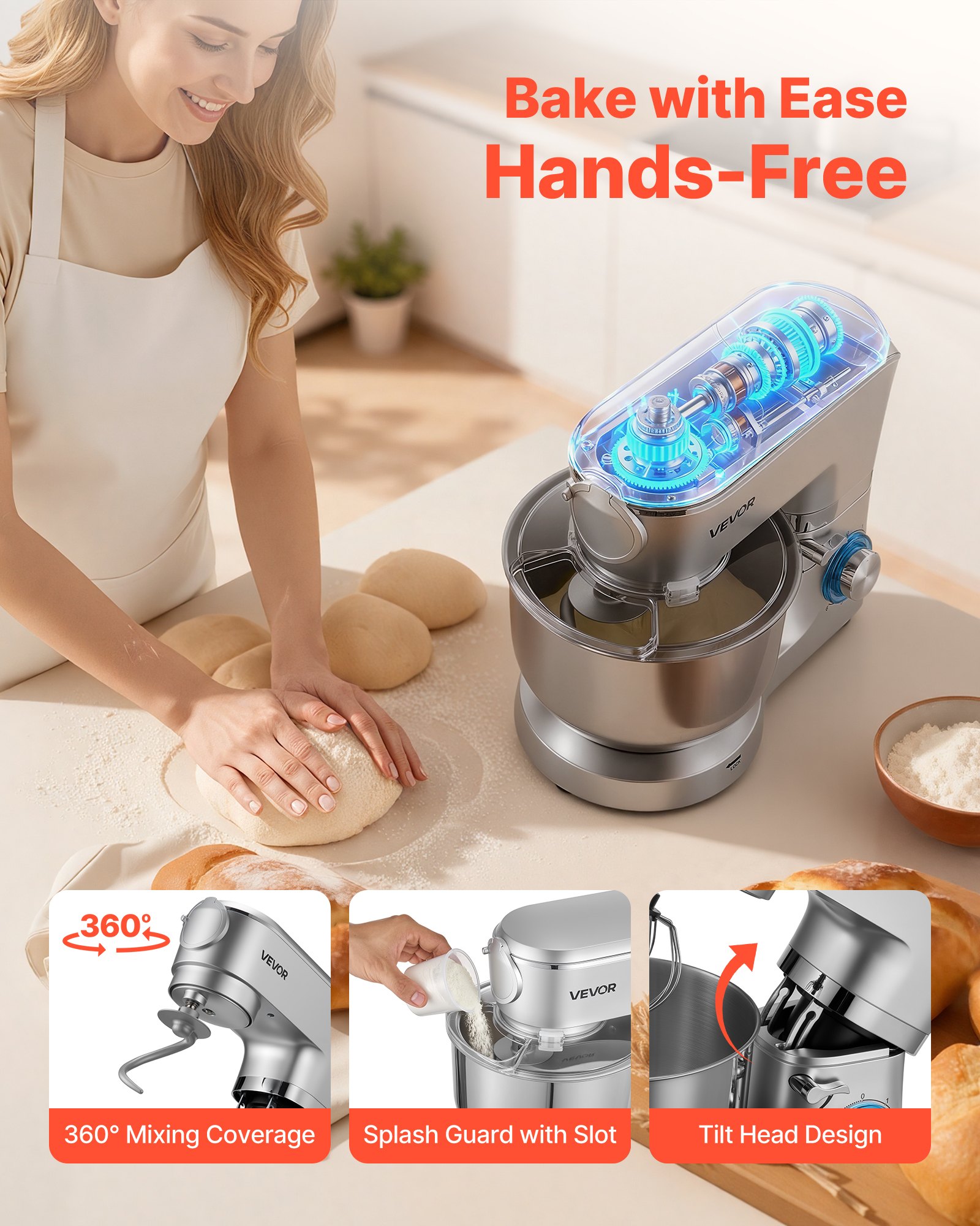 VEVOR Stand Mixer, 6 L Electric Kitchen Mixer, 1500W Dough-Mixer, 6+P Speeds Tilt-head Food-Mixer with 1.5 L Blender Cup, Stainless Steel Bowl, Dough Hook, Whisk, Beater, for Baking, Mixing, Silver