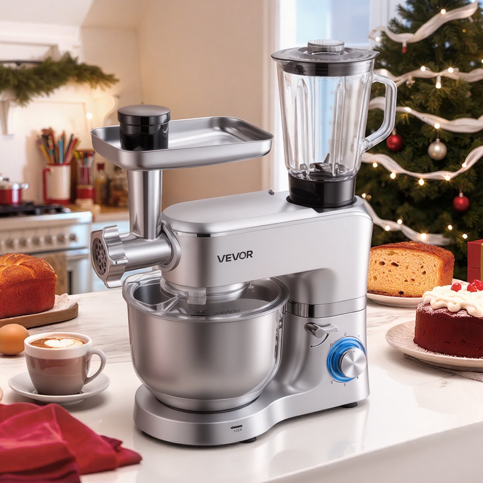 VEVOR Stand Mixer, 6 L Electric Kitchen Mixer, 1500W Dough-Mixer, 6+P Speeds Tilt-head Food-Mixer with 1.5 L Blender Cup, Stainless Steel Bowl, Dough Hook, Whisk, Beater, for Baking, Mixing, Silver