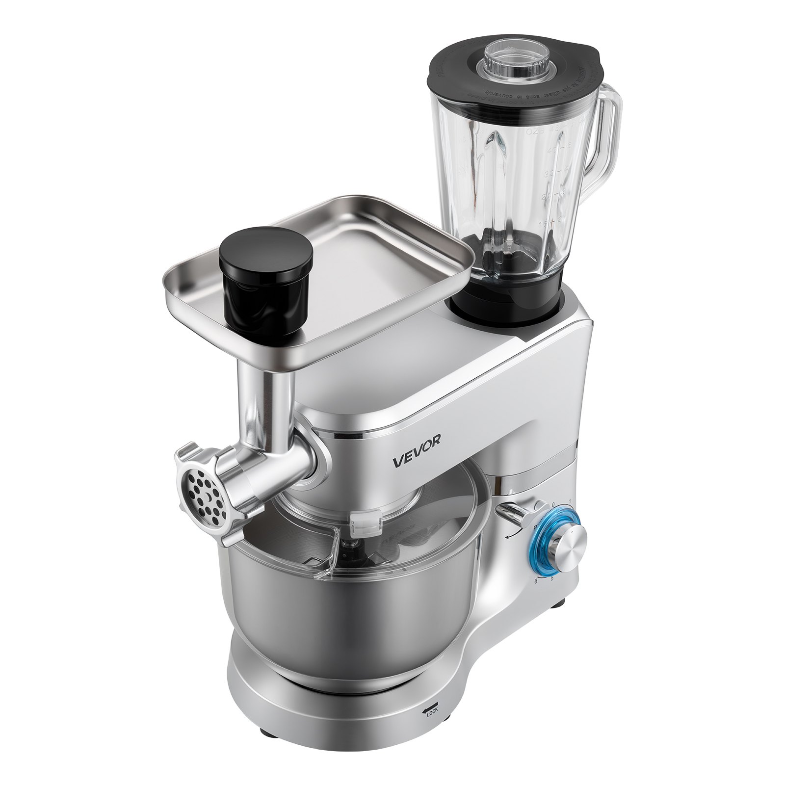 VEVOR Stand Mixer, 6 L Electric Kitchen Mixer, 1500W Dough-Mixer, 6+P Speeds Tilt-head Food-Mixer with 1.5 L Blender Cup, Stainless Steel Bowl, Dough Hook, Whisk, Beater, for Baking, Mixing, Silver