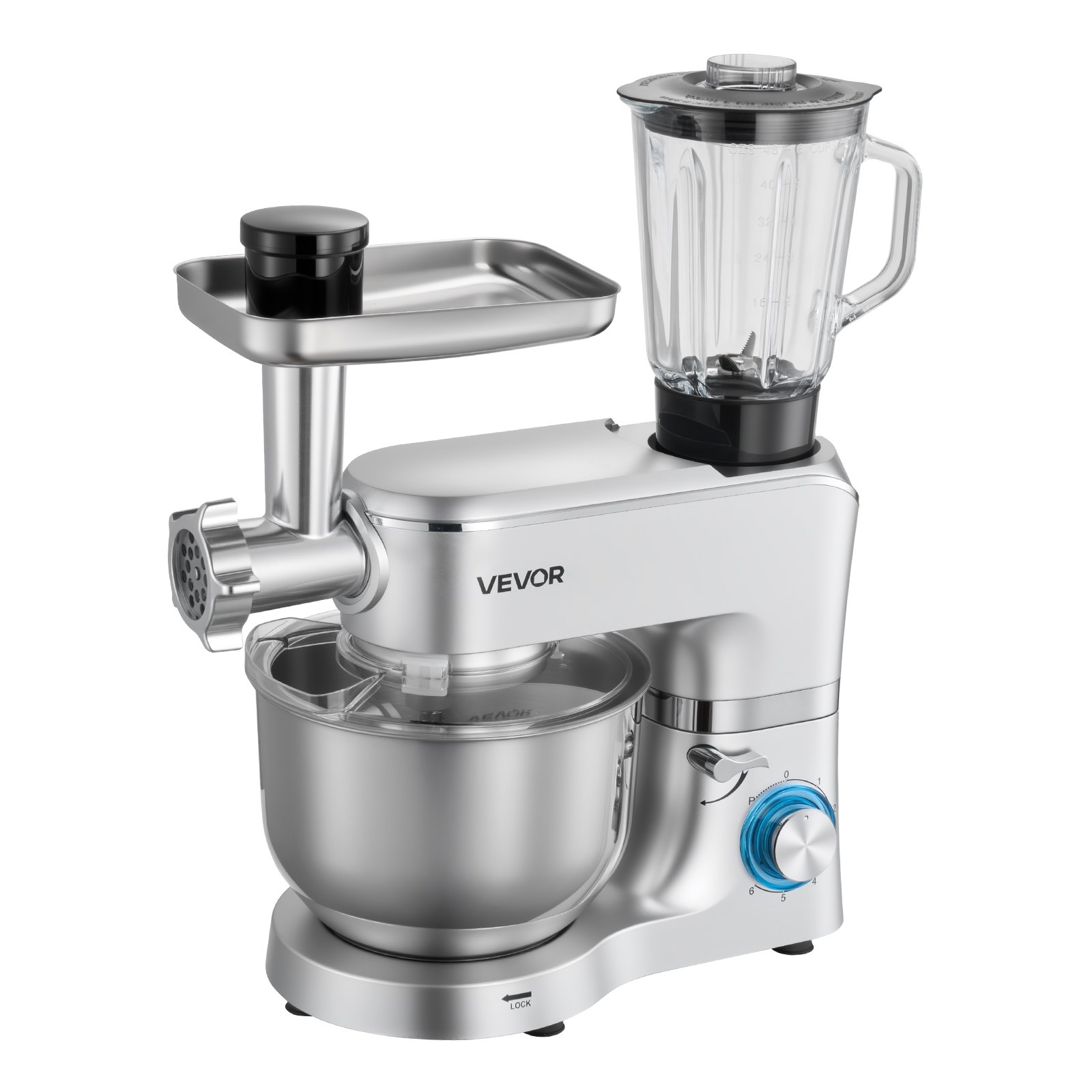 VEVOR Stand Mixer, 6 L Electric Kitchen Mixer, 1500W Dough-Mixer, 6+P Speeds Tilt-head Food-Mixer with 1.5 L Blender Cup, Stainless Steel Bowl, Dough Hook, Whisk, Beater, for Baking, Mixing, Silver