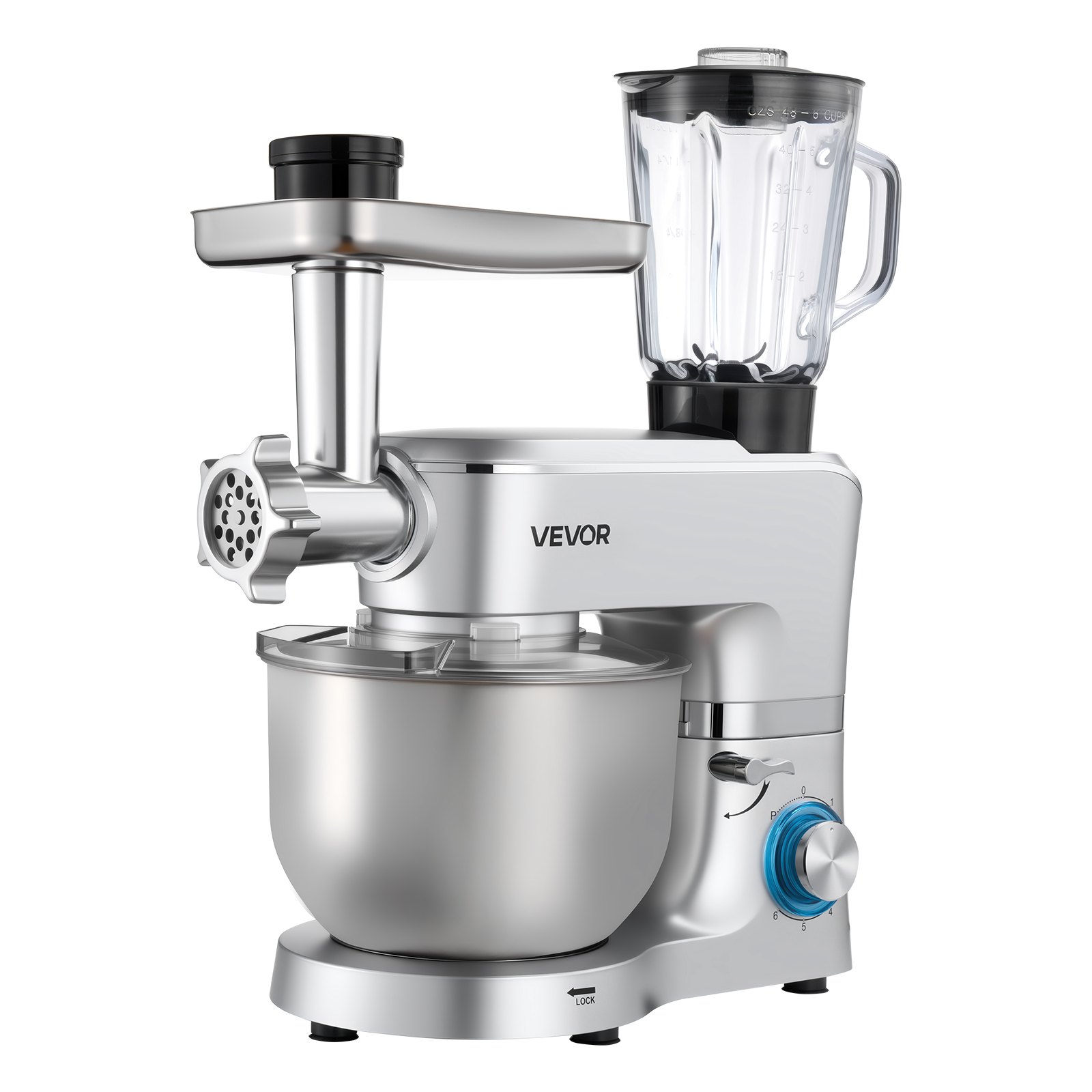 VEVOR Stand Mixer, 6 L Electric Kitchen Mixer, 1500W Dough-Mixer, 6+P Speeds Tilt-head Food-Mixer with 1.5 L Blender Cup, Stainless Steel Bowl, Dough Hook, Whisk, Beater, for Baking, Mixing, Silver