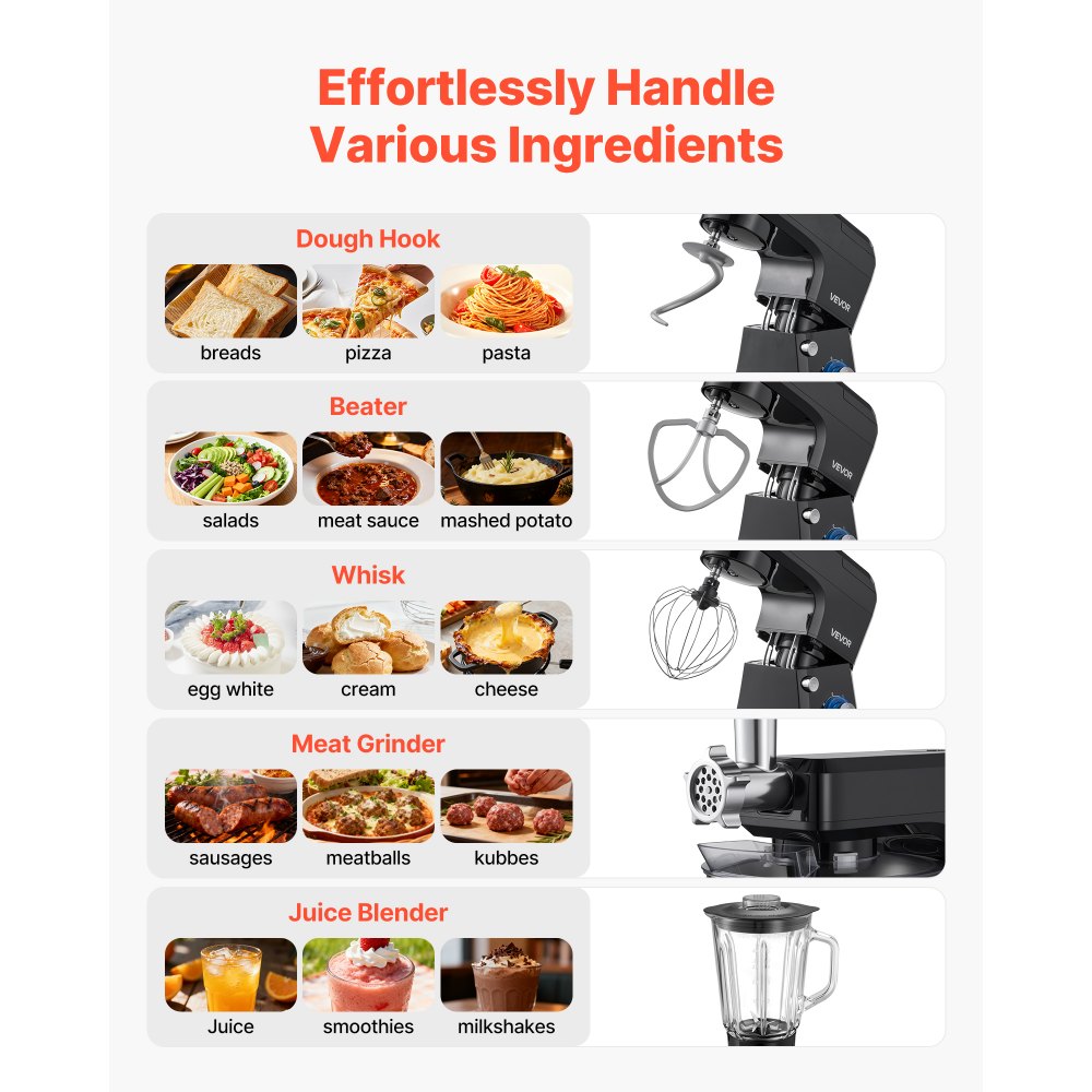 VEVOR Stand Mixer, 7.8 L Electric Kitchen Mixer, 1500W Dough-Mixer, 6+P Speeds Tilt-head Food-Mixer with 1.5 L Blender Cup, Stainless Steel Bowl, Dough Hook, Whisk, Beater, for Baking, Mixing, Black